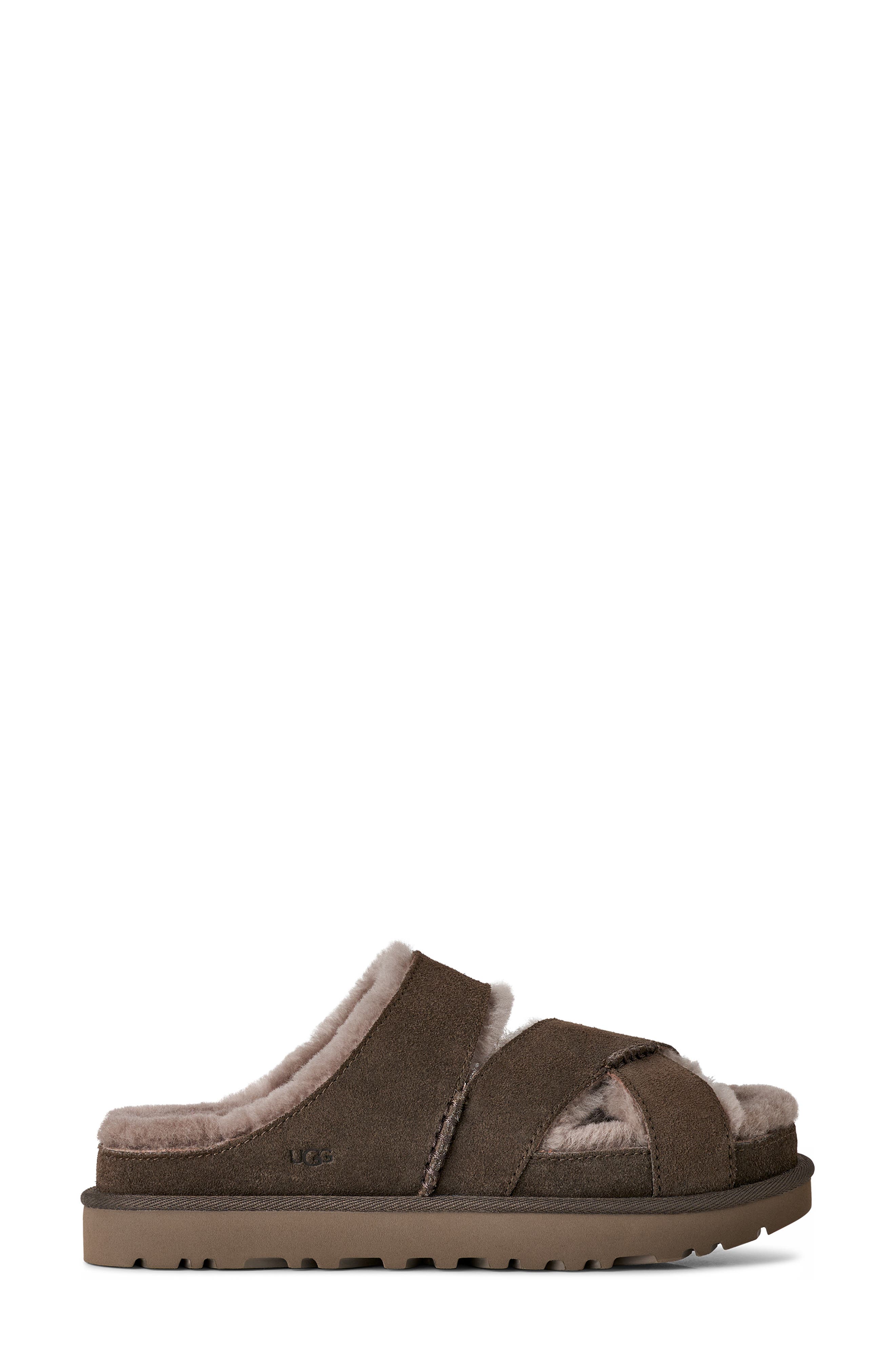 UGG<sup>®</sup> Greenport Genuine Shearling Lined Cross Strap Slide Sandal, Alternate, color, Dense Smoke