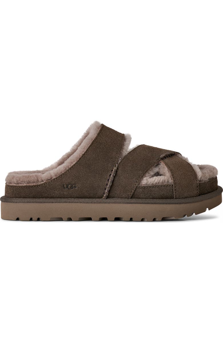 UGG<sup>®</sup> Greenport Genuine Shearling Lined Cross Strap Slide Sandal, Alternate, color, Dense Smoke