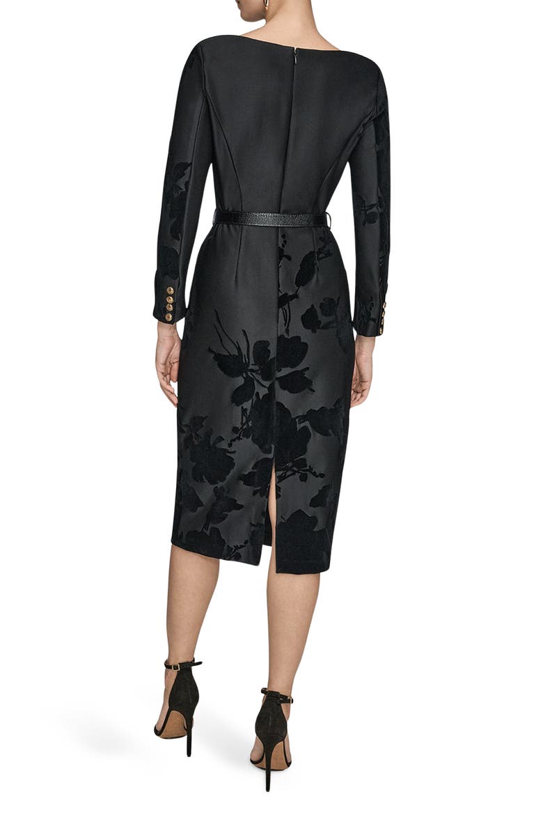 Velvet Floral Belted Long Sleeve Sheath Dress, Alternate, color, BLACK/BLACK
