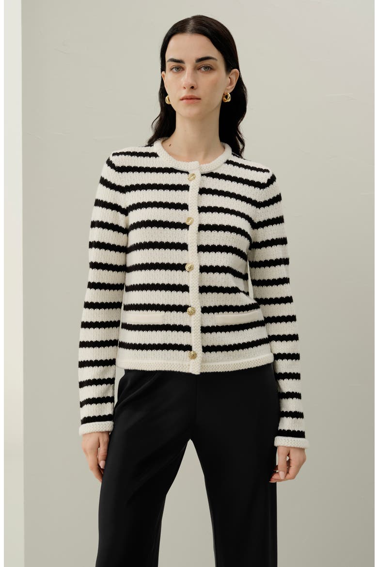Women's Stripped Crochet Washable-Wool Cardigan, Alternate, color, Black&White Stripes
