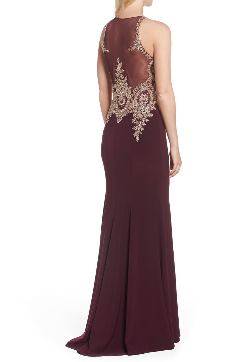Xscape Embroidered Mermaid Gown, Alternate, color, WINE/ GOLD