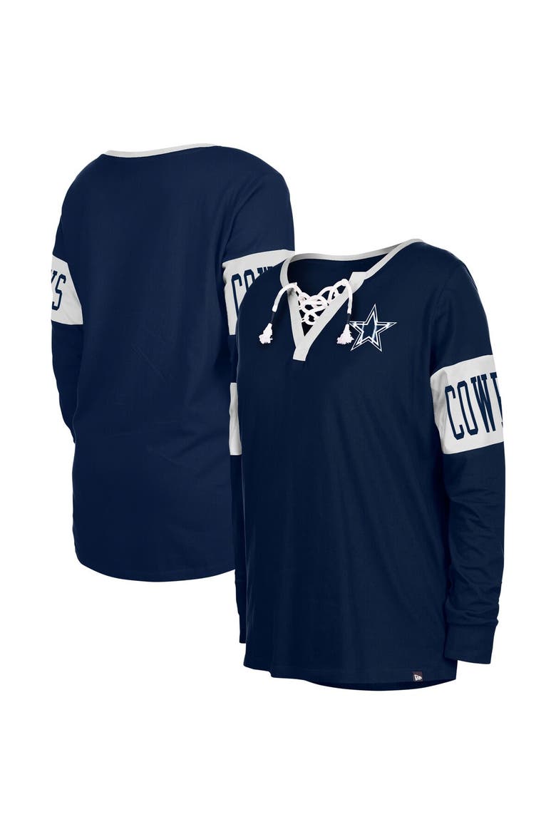 Women's New Era Navy Dallas Cowboys Lace-Up Notch Neck Long Sleeve T-Shirt, Main, color, Navy