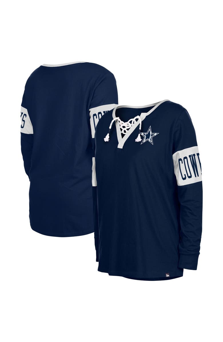 New Era Women's New Era Navy Dallas Cowboys Lace-Up Notch Neck Long Sleeve T-Shirt, Main, color, Navy