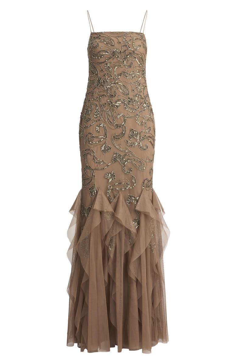 Lauren Ralph Lauren Ruffle Paisley Beaded Gown, Alternate, color, Taupe/ Pewter Multi