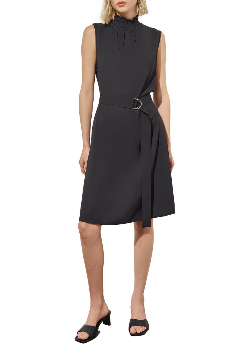 Smocked Mock Neck Crêpe de Chine Dress, Main, color, BLACK