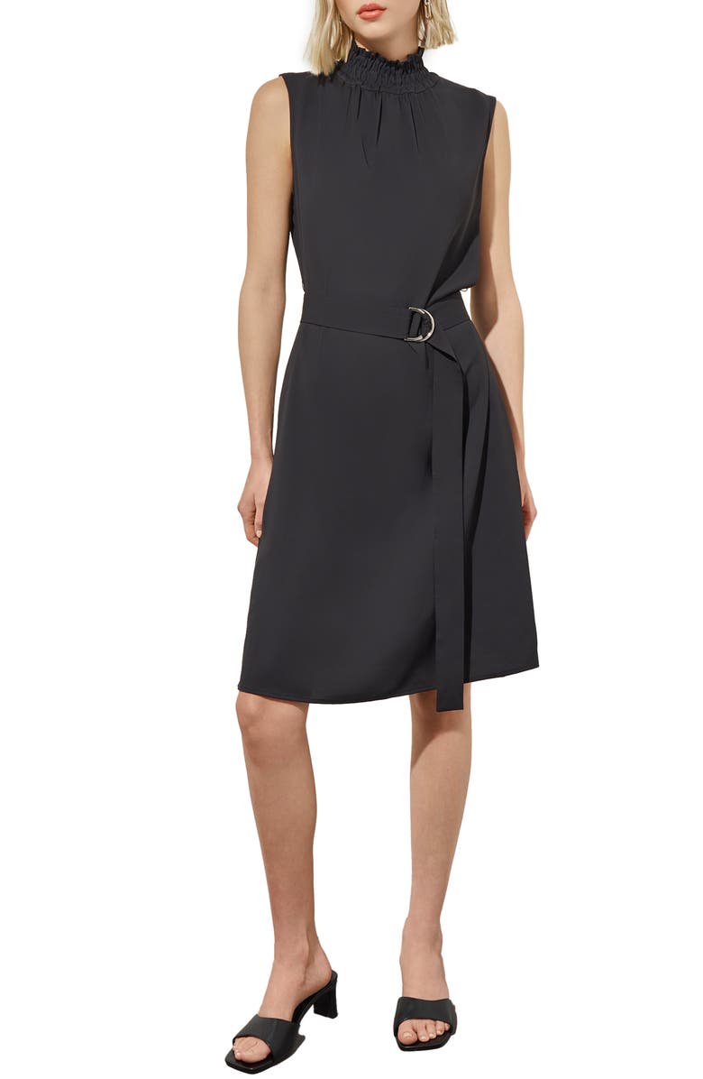 Ming Wang Smocked Mock Neck Crêpe de Chine Dress, Main, color, Black