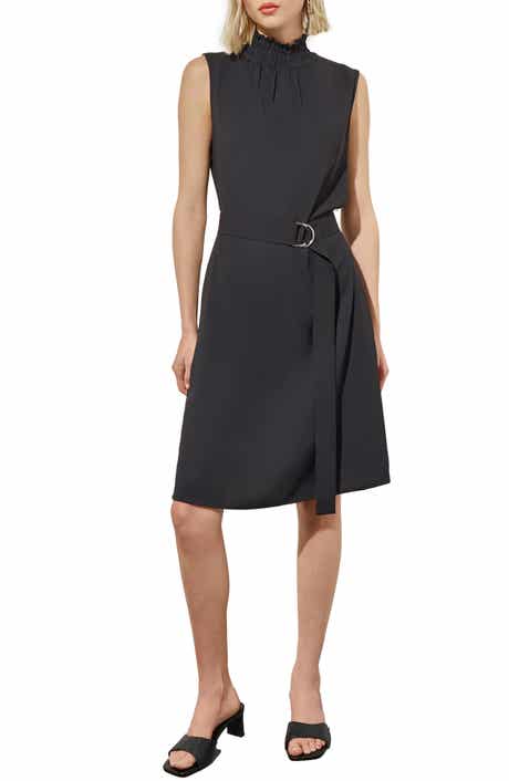 Ming Wang Smocked Mock Neck Crêpe de Chine Dress