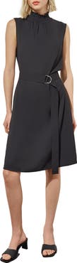 Ming Wang Smocked Mock Neck Crêpe de Chine Dress