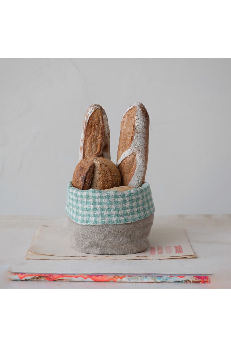Creative Co-Op Handwoven Linen Bread Basket with Gingham Lining, Aqua and Natural, Alternate, color, Blue