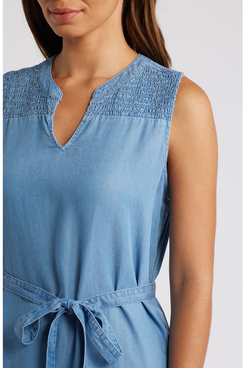 Riri Smocked Yoke Tie Waist Sleeveless Chambray Dress, Alternate, color, MEDIUM WASH