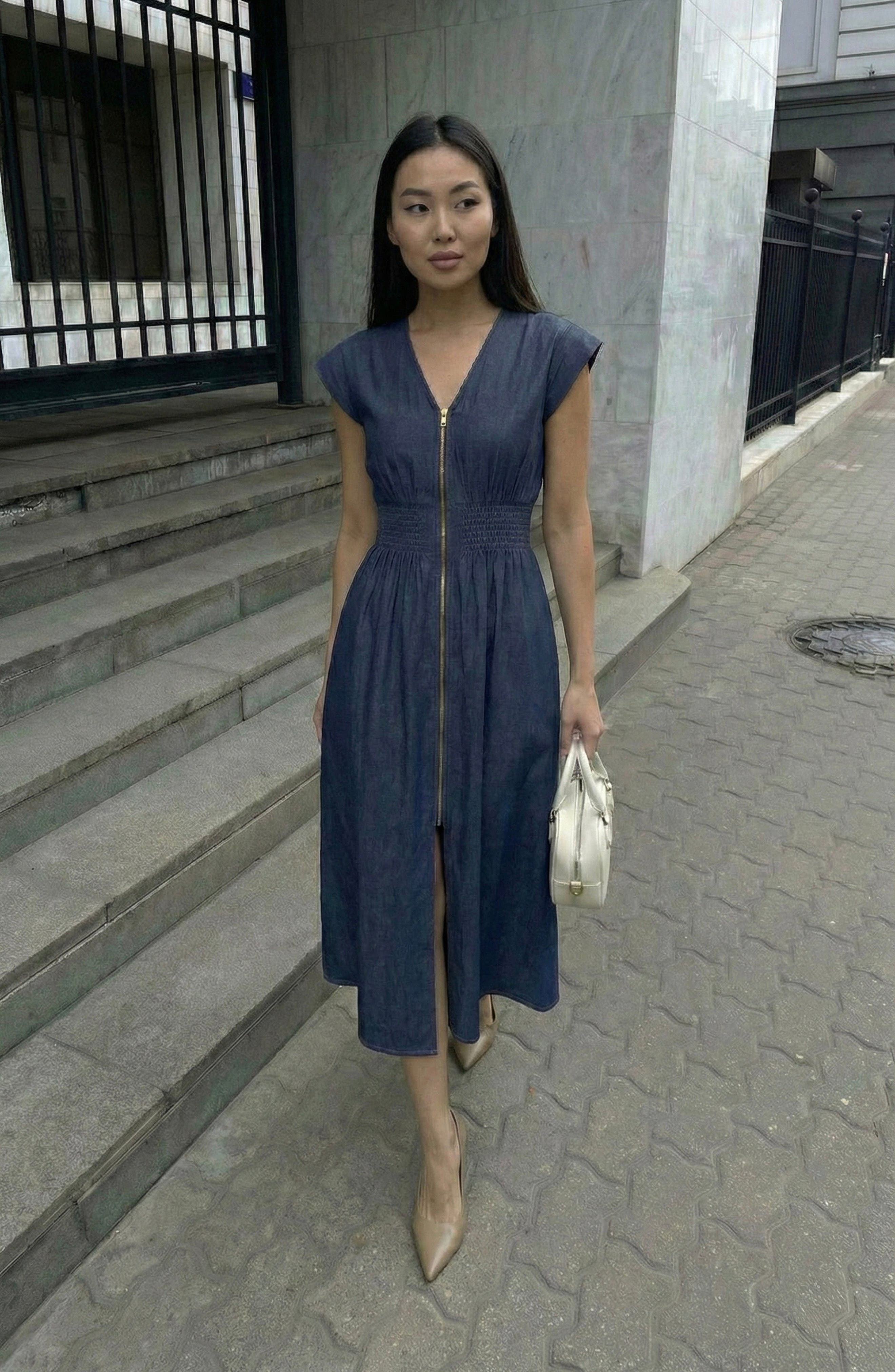 modenaire denim dress Modenaire Women's Ruffled-Collar Belted Shirt Dress