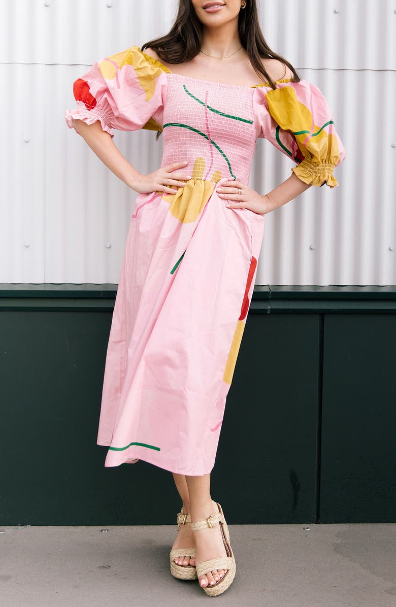 Jessie Zhao New York Valentina Abstract Smocked Pink Midi Dress, Alternate, color, 