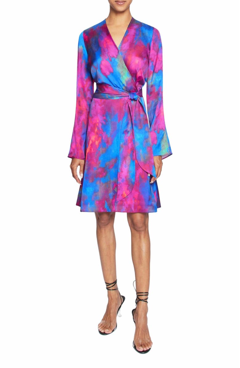 Santorelli KAYDEN Long Sleeve Faux Wrap Fit and Flare Dress in Printed Charmeuse, Main, color, Magenta Multi