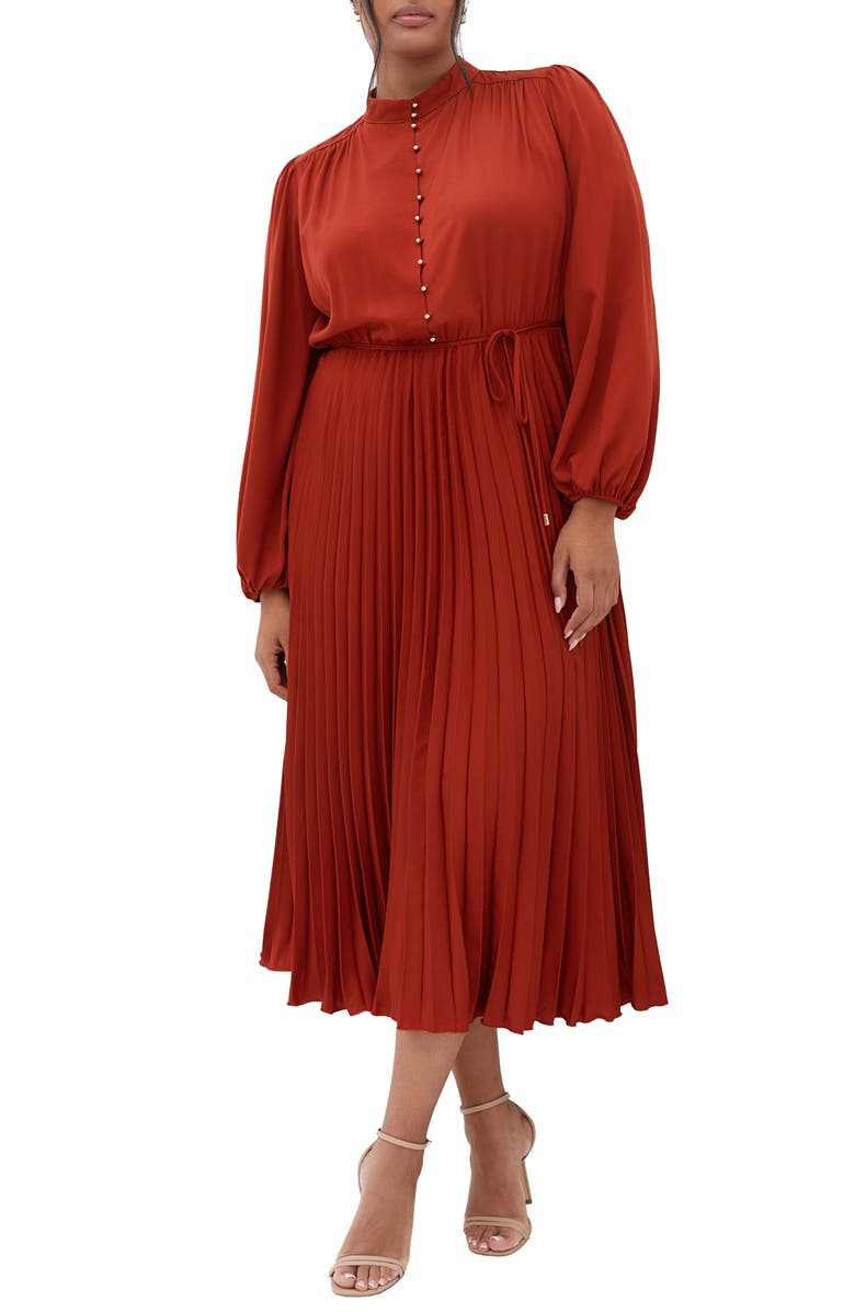 City Chic Oasis Long Sleeve Pleated Dress, Main, color, Cinnamon