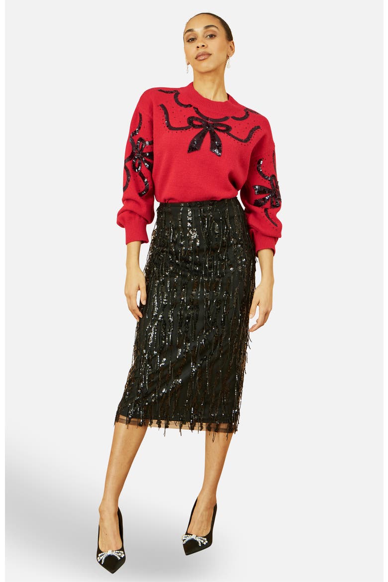 Sequinned Bow Neckline Sweater, Alternate, color, Red