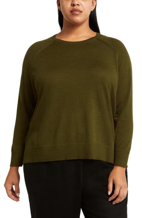 Raglan Sleeve Merino Wool Jersey Sweater (Plus)