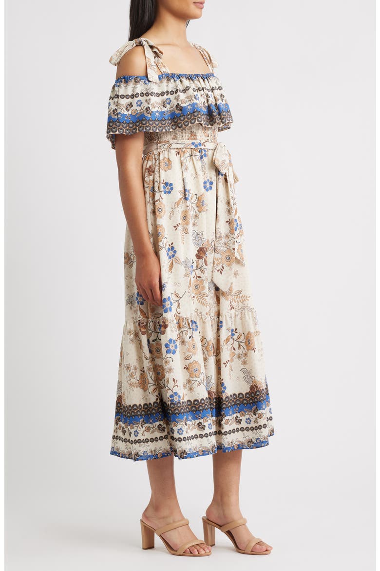 Off the Shoulder Mix Print Midi Dress, Alternate, color, IVORY SHELL MULTI