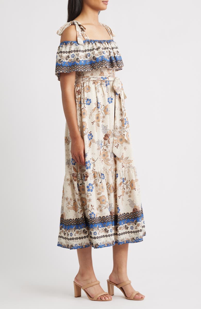 Anne Klein Off the Shoulder Mix Print Midi Dress, Alternate, color, Ivory Shell Multi