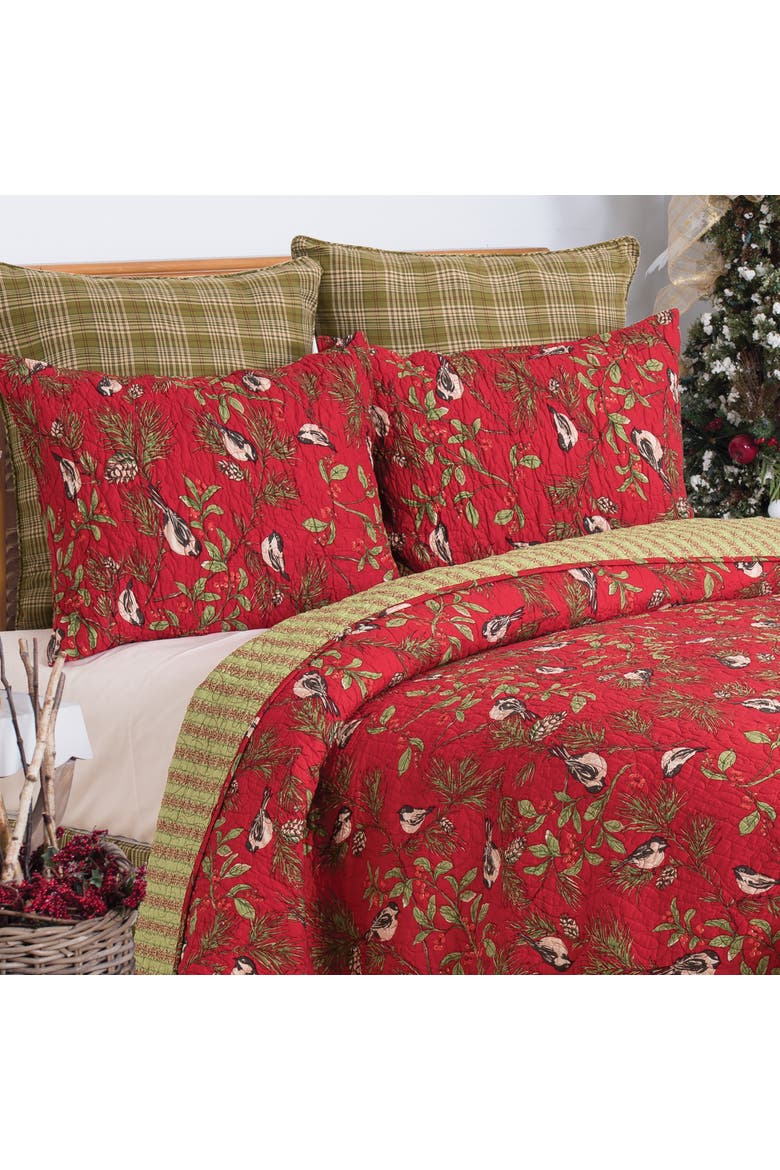 Chickadee Red Cotton Quilt Set  - Reversible and Machine Washable, Alternate, color, Red