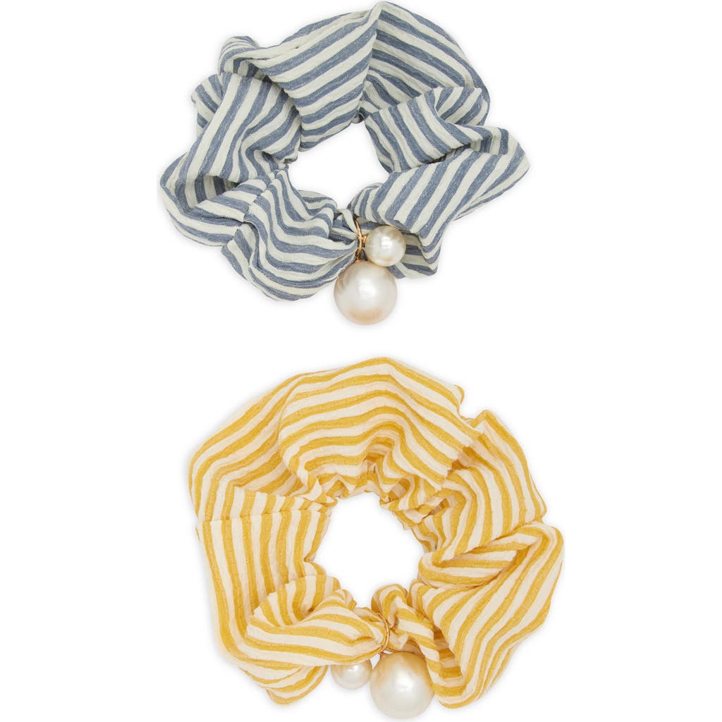 Tasha Assorted 2-pack Faux Pearl Stripe Scrunchies In Blue Yellow