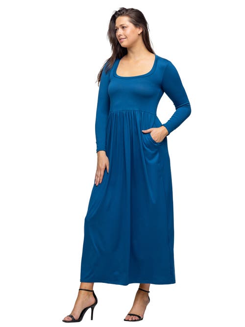 24seven Comfort Apparel Long Sleeve Empire Waist Pocket Maxi Dress In Blue