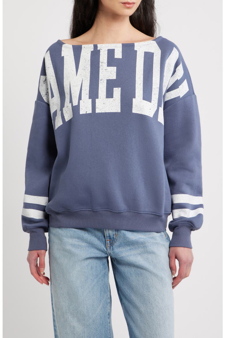 Game Day Off the Shoulder Graphic Sweatshirt, Main, color, GRISAILLE
