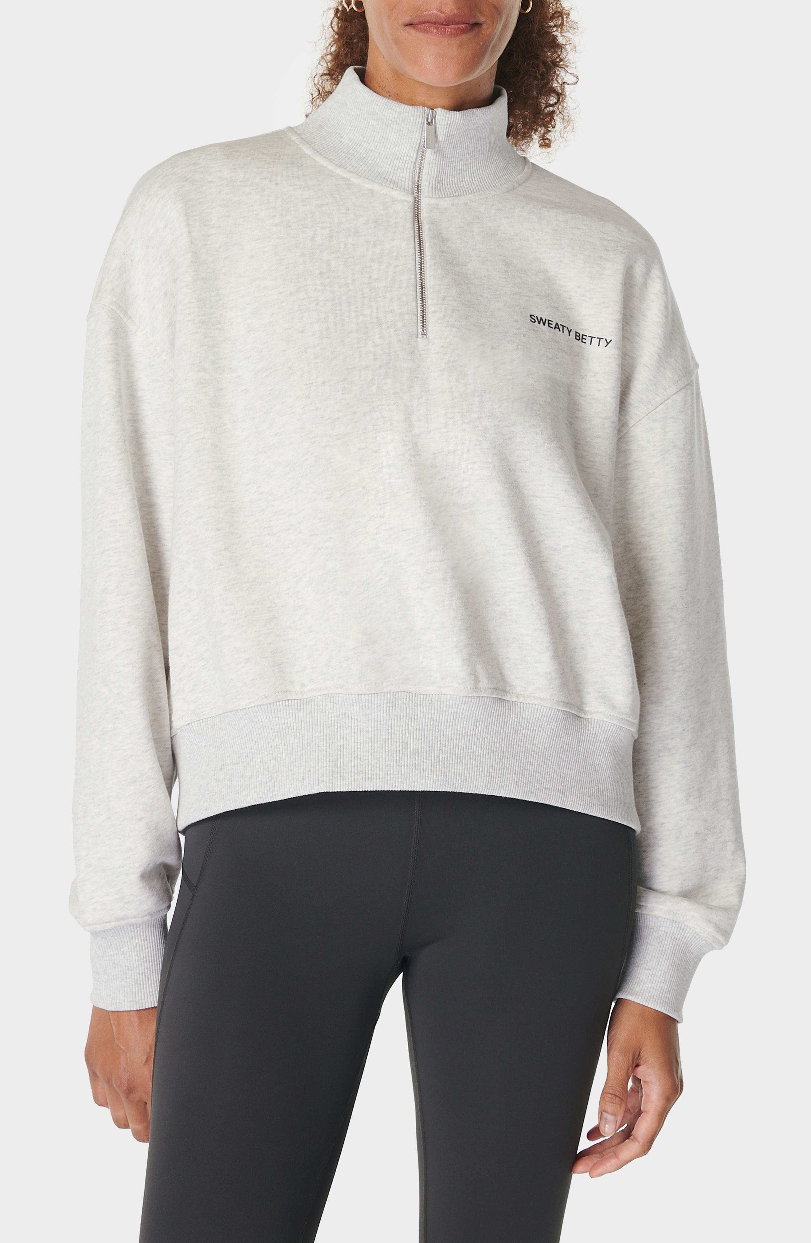 Sweaty Betty Revive Cotton Blend Half Zip Sweatshirt in Ice Grey Marl 