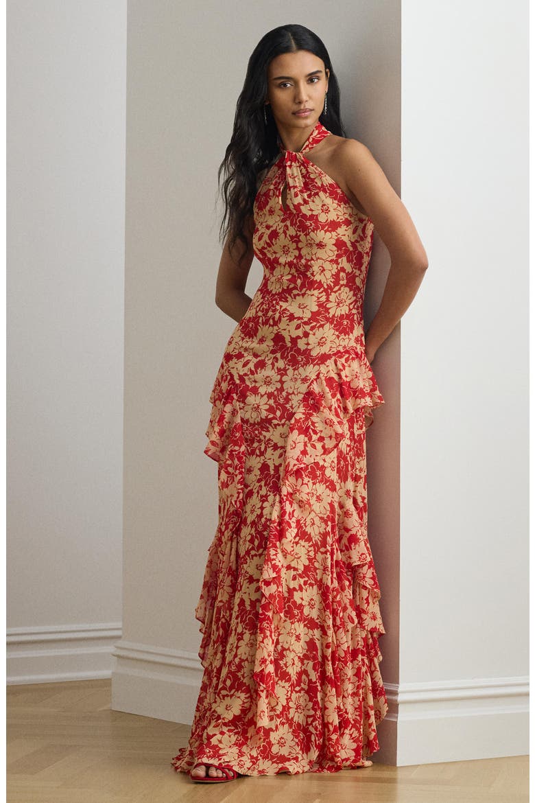 red floral dress nordstrom Ralph Lauren Floral Ruffle-Trim Georgette Halter Gown