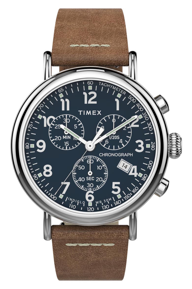 Waterbury Standard Chronograph Leather Strap Watch, 41mm, Main, color, BROWN/ BLUE/ SILVER