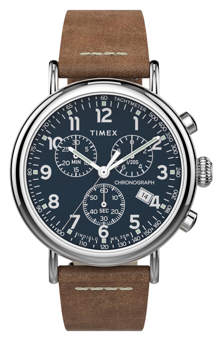 Timex<sup>®</sup> Waterbury Standard Chronograph Leather Strap Watch, 41mm, Main, color,