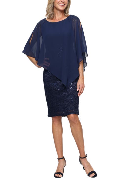 Chiffon Capelet Floral Lace Cocktail Dress