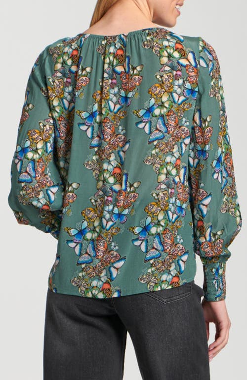 Apny Printed Smocked Cuff Top In Multi