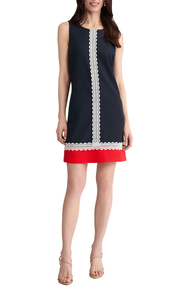 Lace Trim Colorblock Shift Dress, Main, color, PACIFIC NAVY/ ROUGE