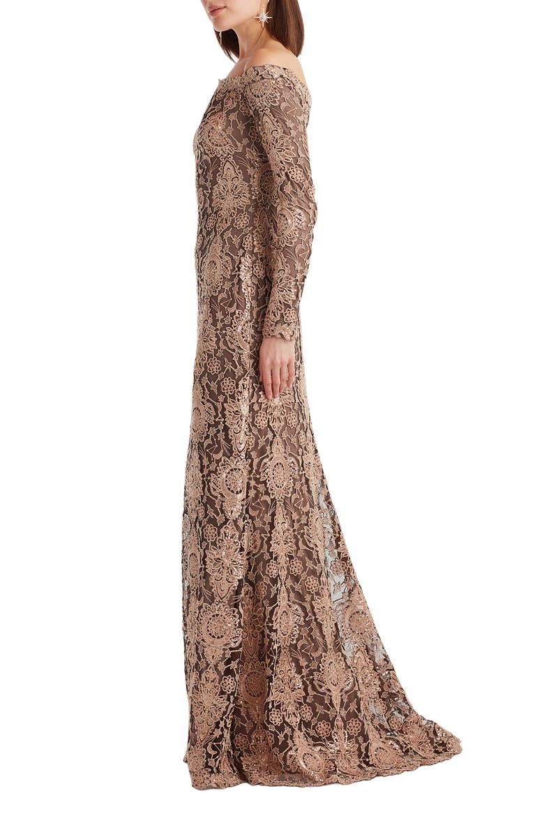 Sequin & Lace Off the Shoulder Long Sleeve Gown, Alternate, color, GINSENG