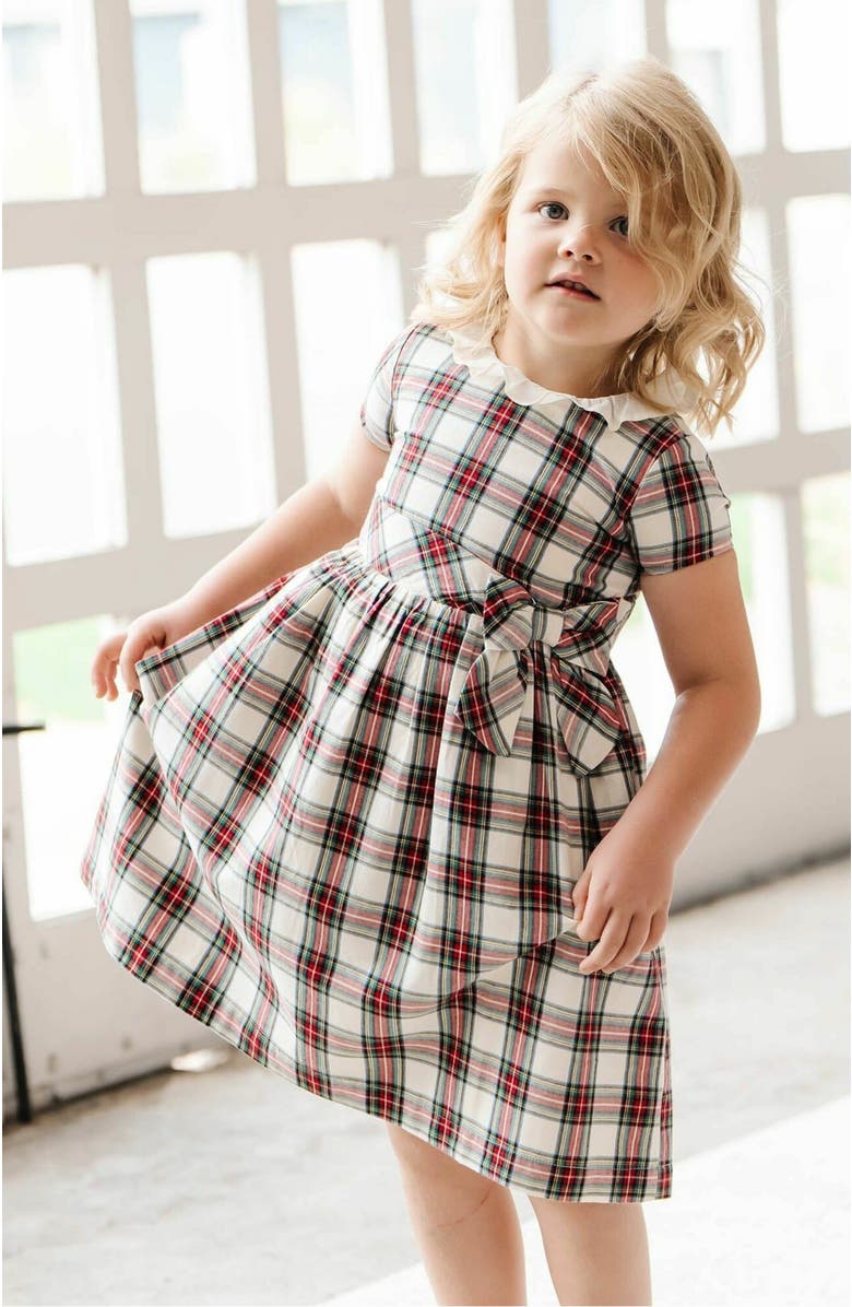 Hope & Henry Girls' Organic Ruffle Collar Party Dress, Kids, Alternate, color, Ivory Holiday Tartan