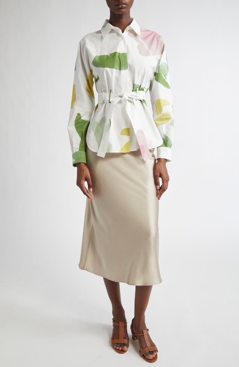 Max Mara Quiete Abstract Print Cotton Belted Shirt, Alternate, color, White