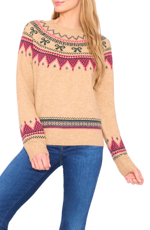 Bow Fair Isle Ribbon Detail Crewneck Sweater