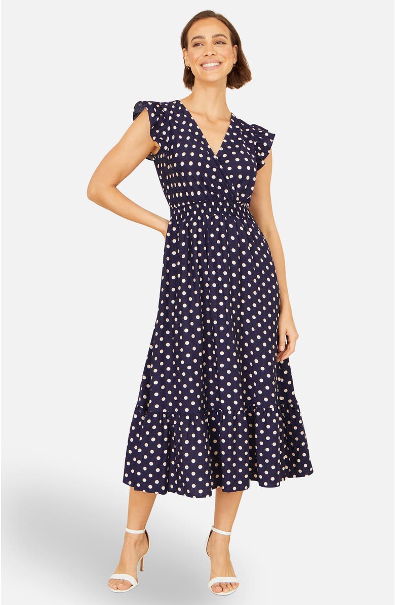 Yumi Spot Ruched Waist Midi Dress, Alternate, color, Navy