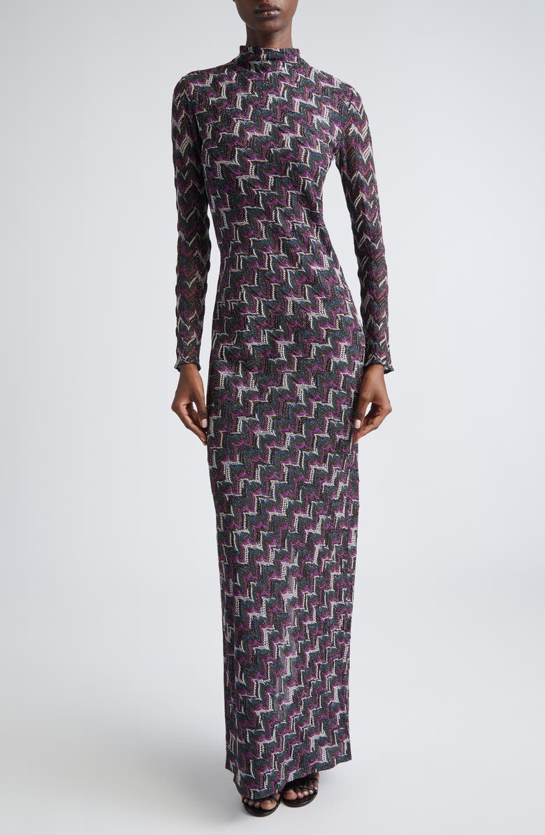 Missoni Chevron Stripe Long Sleeve Metallic Knit Dress, Main, color, Black And Violet