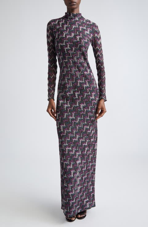 Chevron Stripe Long Sleeve Metallic Knit Dress