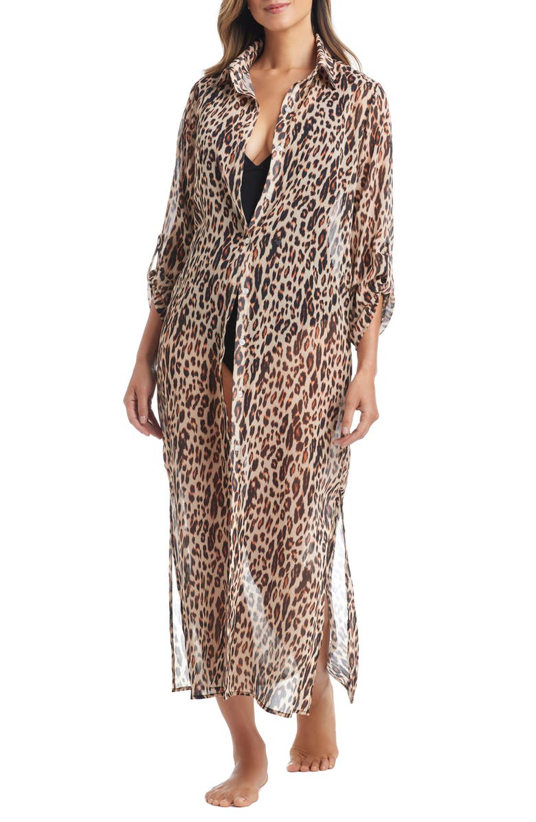 BLEU by Rod Beattie Longline Chiffon Cover-Up Shirt, Main, color, Animal Print Multi