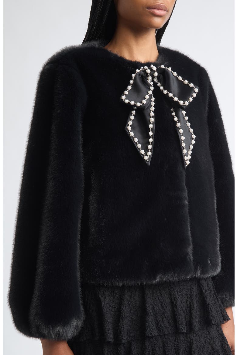 Benson Satin Bow Faux Fur Coat, Alternate, color, BLACK/ BLACK