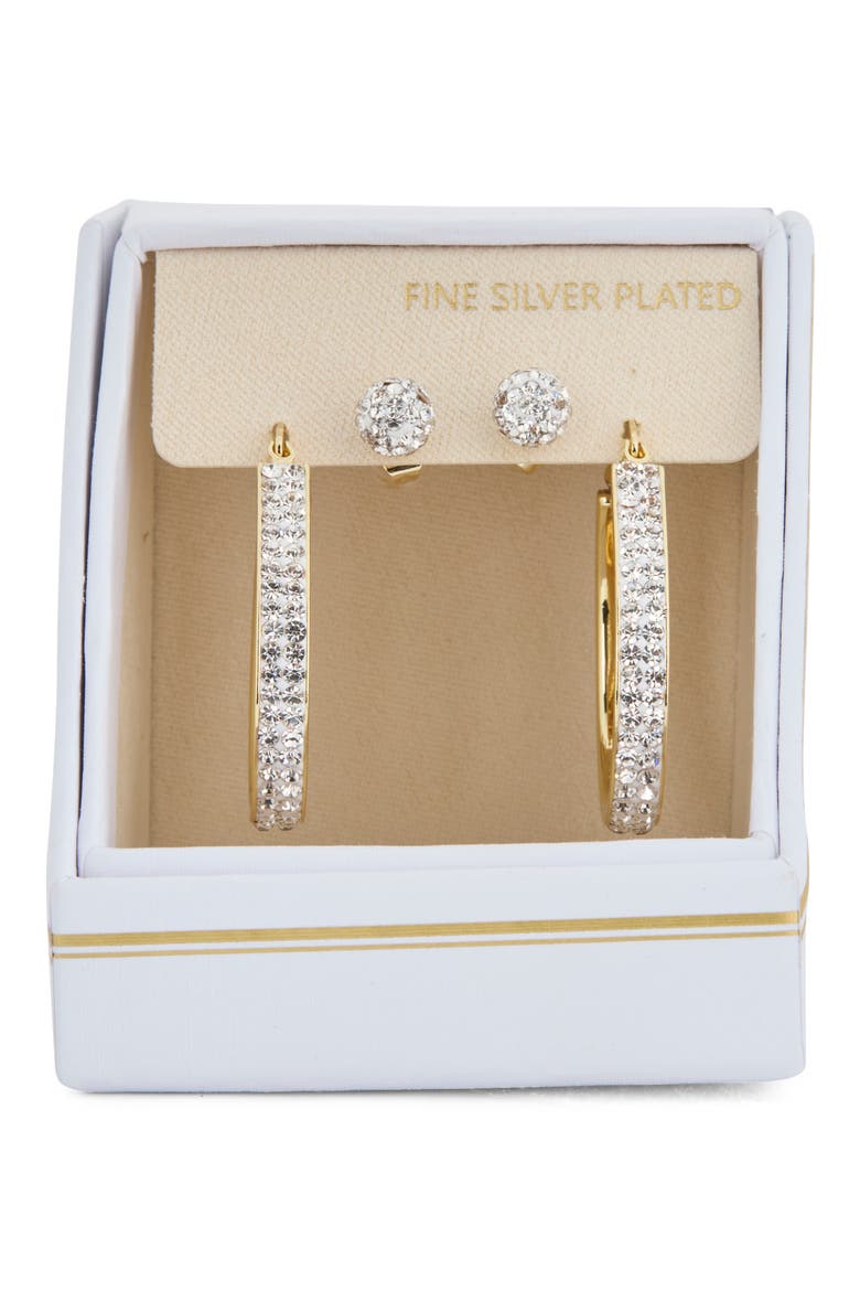 Set of 2 Cubic Zirconia Ball & Hoop Earrings, Main, color, CLEAR- GOLD