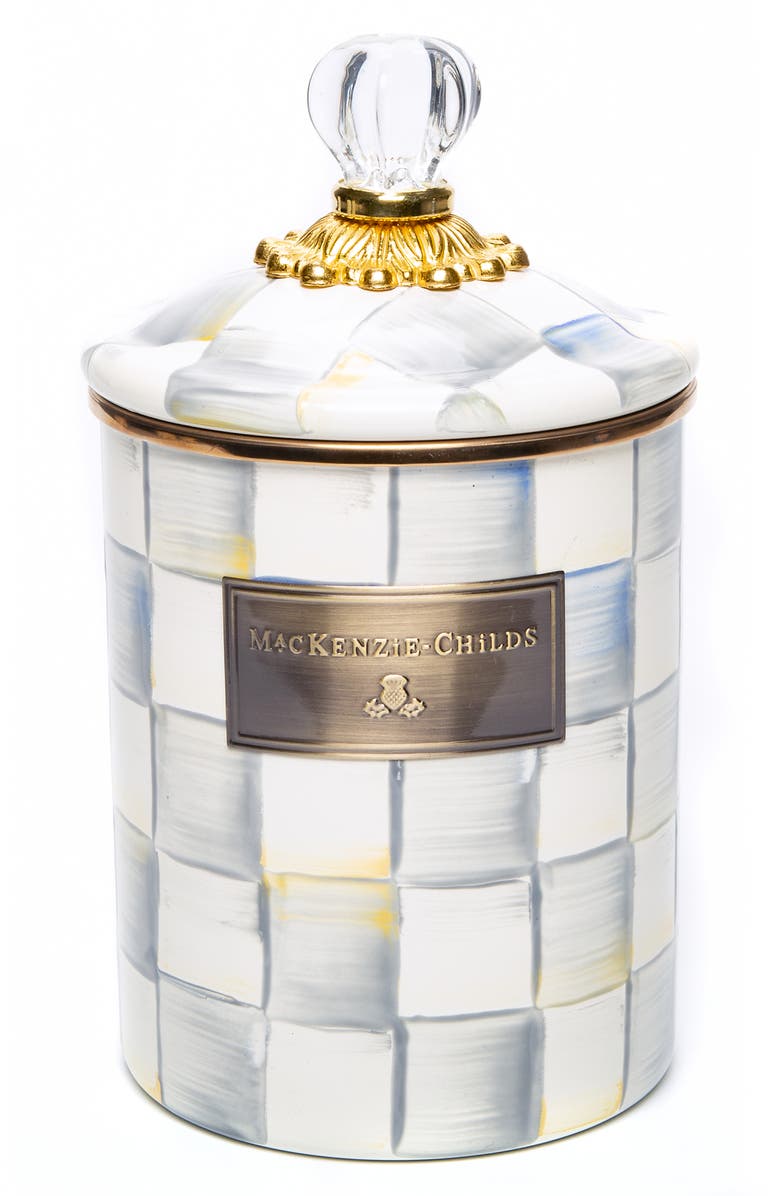 MACKENZIE CHILDS Sterling Check Enameled Steel Medium Canister, Main, color, Grey/ White