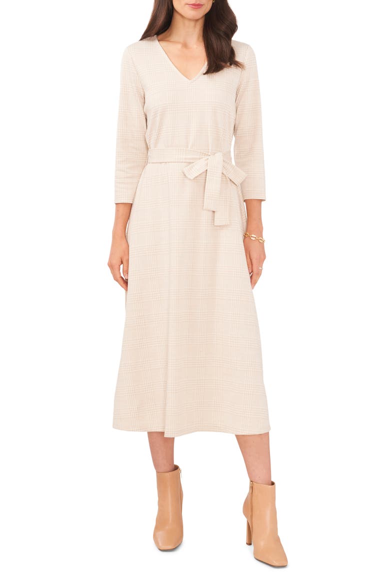 Houndstooth Plaid Jacquard Midi Dress, Main, color, TAUPE/WHITE