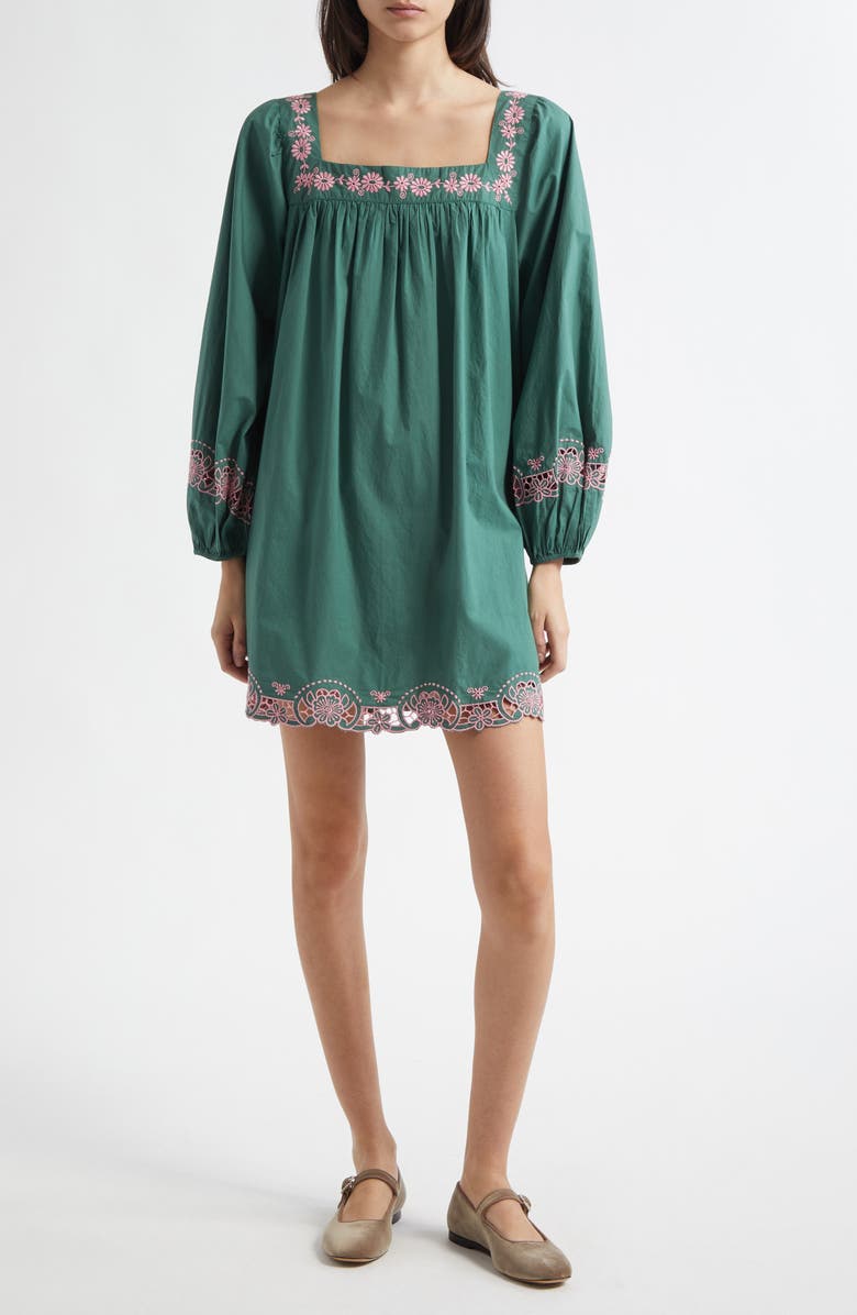 MILLE Lovina Embroidered Detail Long Sleeve Cotton Shift Dress, Main, color, Palm Eyelet