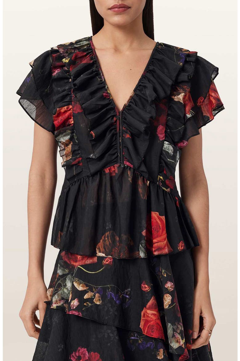 Alma Floral Print Ruffle Top, Main, color, HAZE BLACK