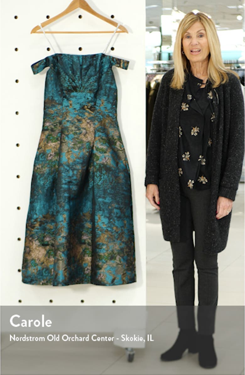 Carina Metallic Jacquard Off the Shoulder Cocktail Dress, sales video thumbnail