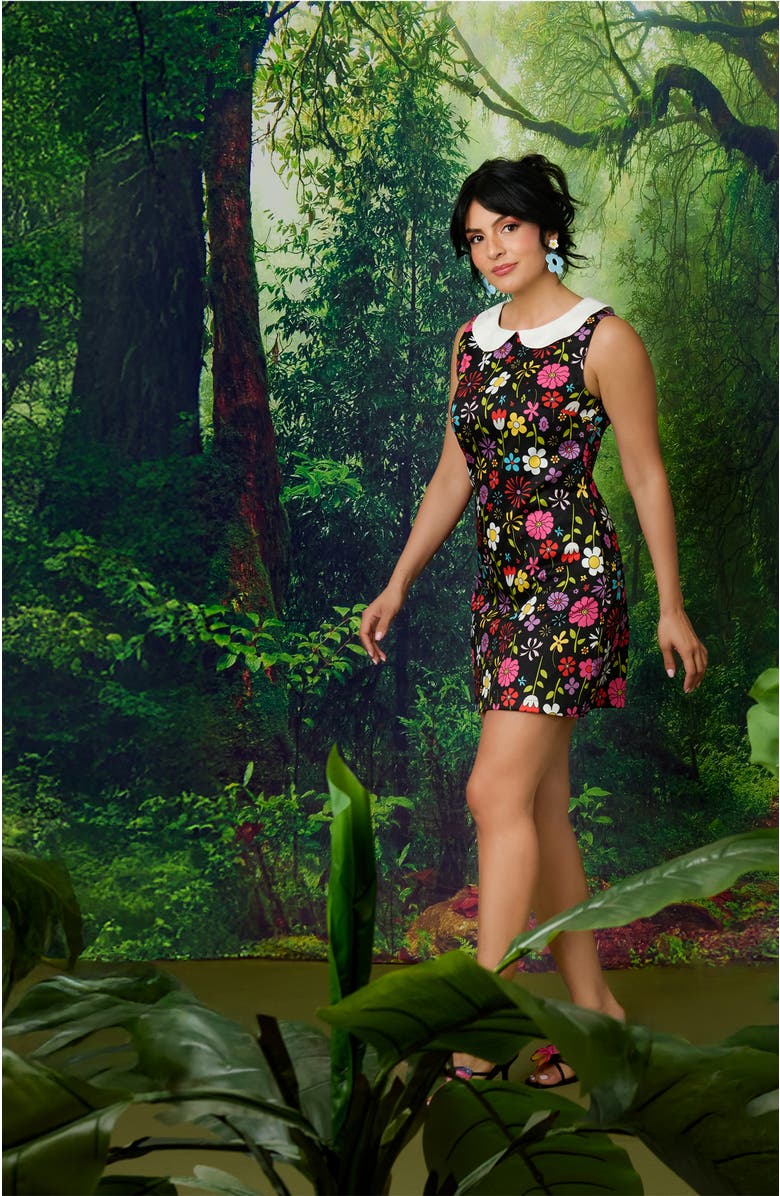 Smak Parlour Peter Pan Collar Tie Neck Shift Dress, Alternate, color, Black Floral Print