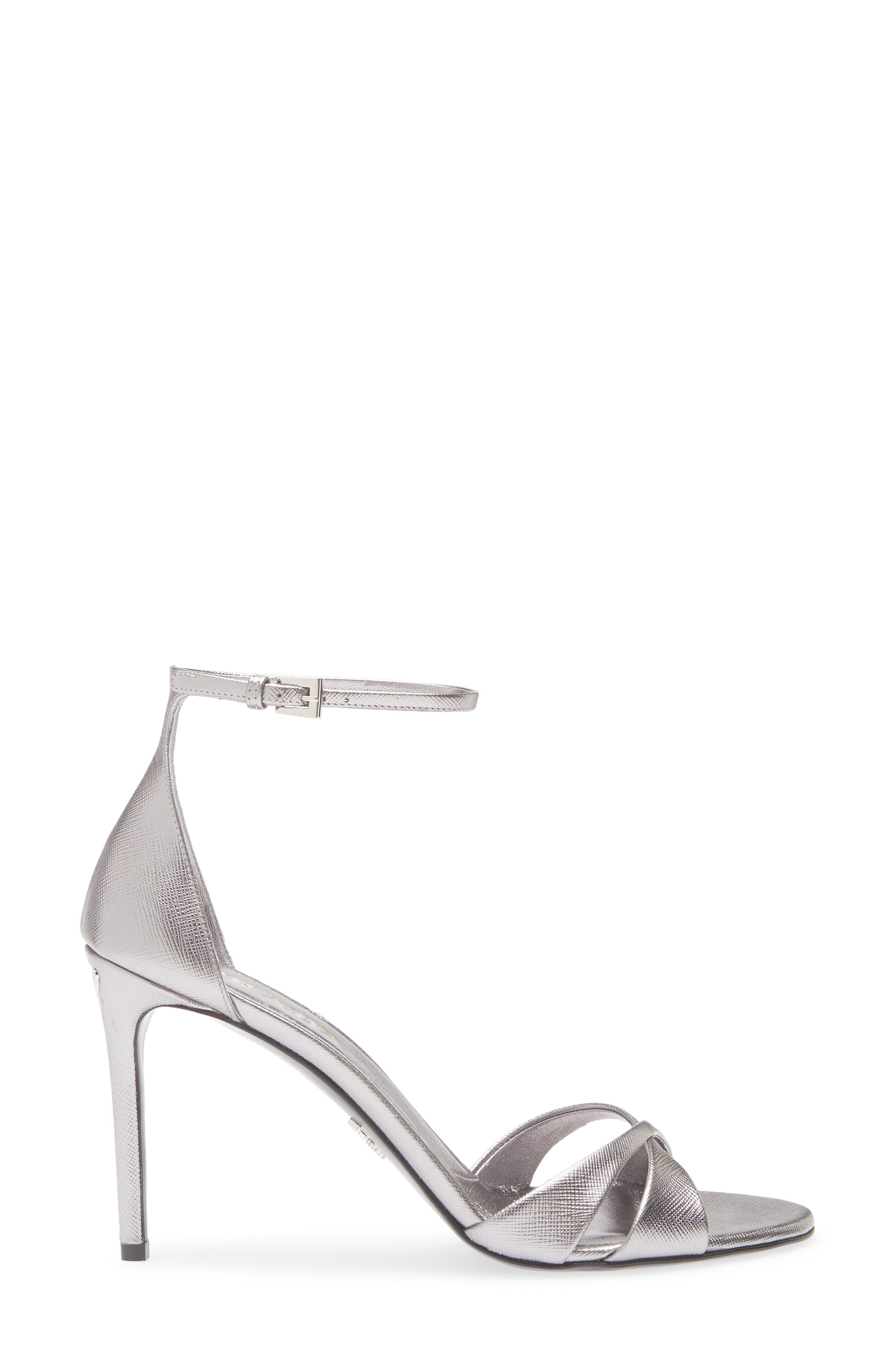 Prada Saffiano Metallic Leather Ankle Strap Sandal, Alternate, color, Cromo